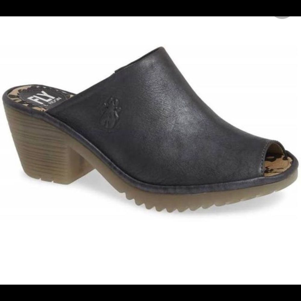 Fly London Black Leather Peep-Toe Mule with Tan Sole